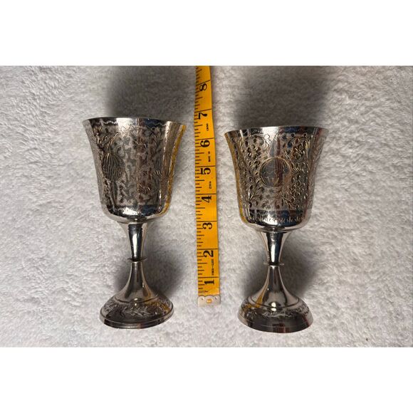 WORLD GIFT ZY INDIA Silver Plated Brass With Etched Design Set Of 2 Goblets - Picture 14 of 14